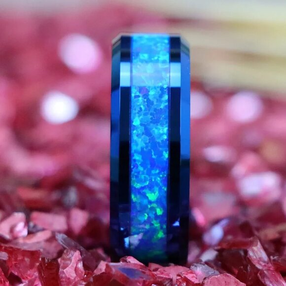 Tungsten Steel Carbide Ring with Center Blue Fire Opal Inlay statement piece - Picture 4 of 7